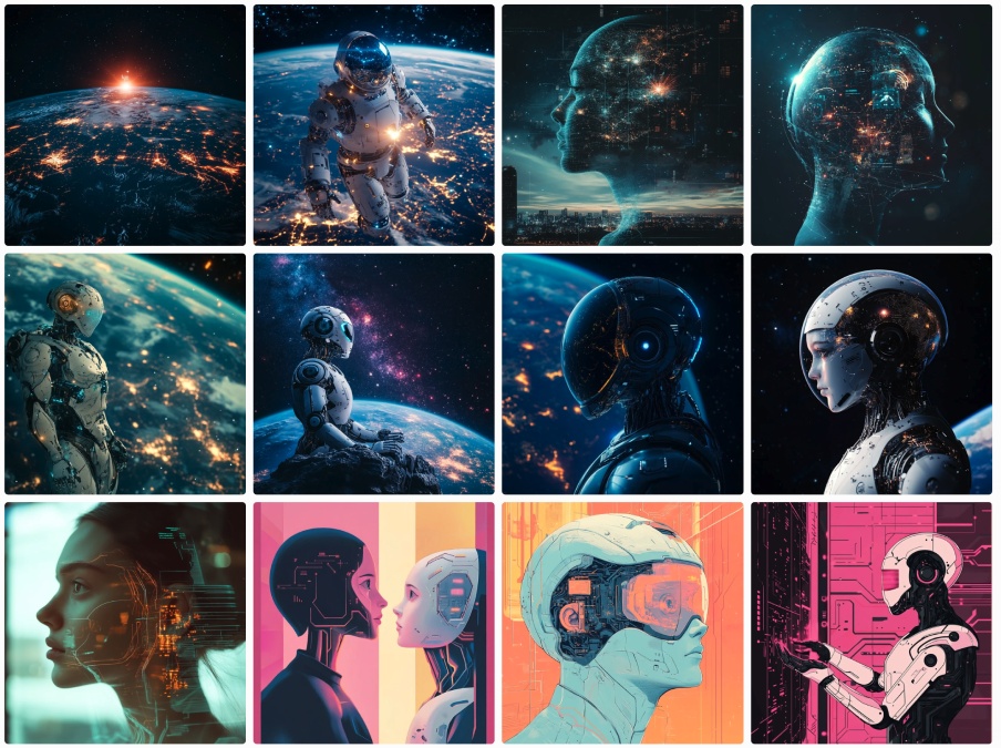 Grid of AI-generated images of robots, astronauts and futuristic portraits