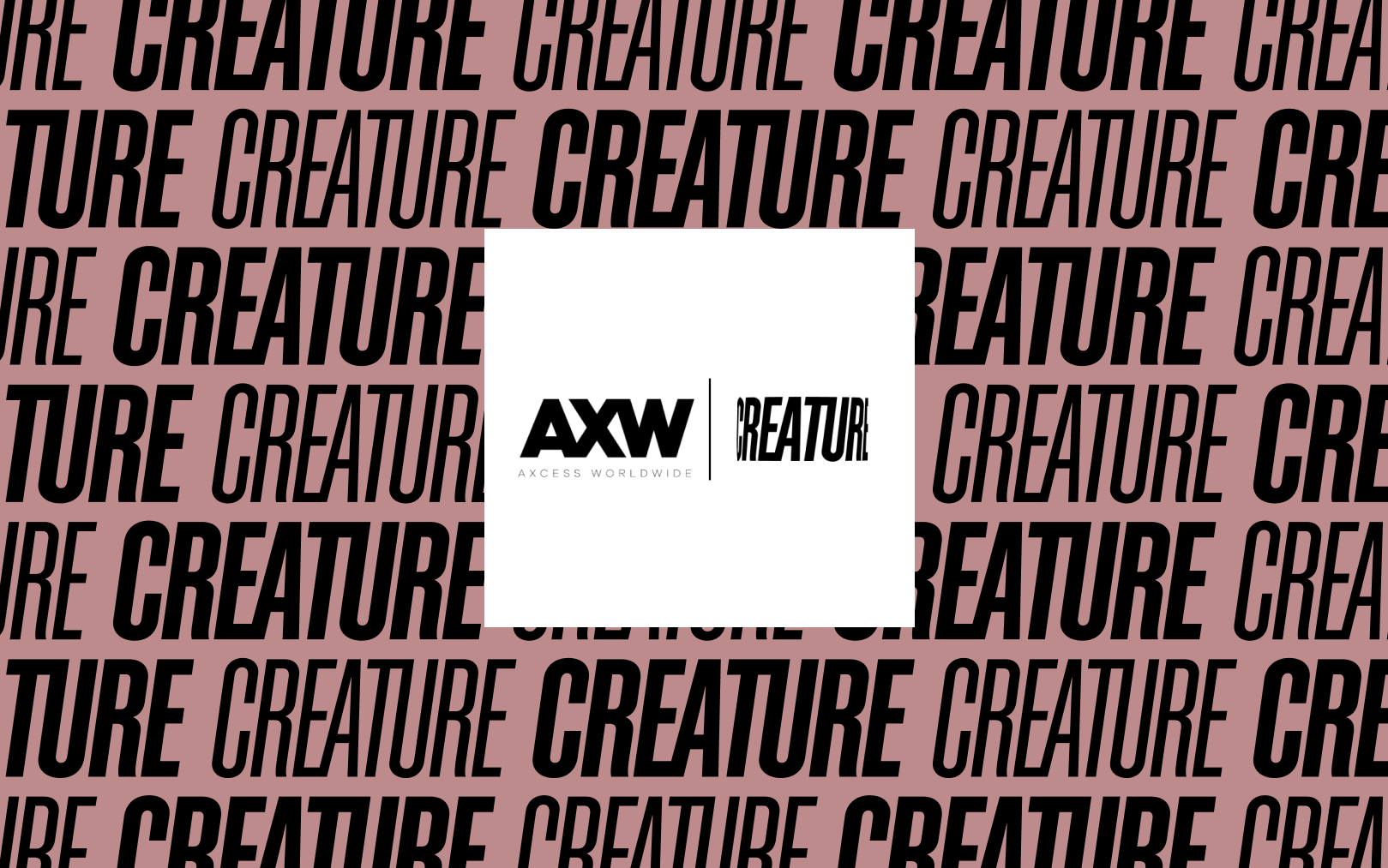Axcess Worldwide and Creature logos over a Creature wordmark pattern