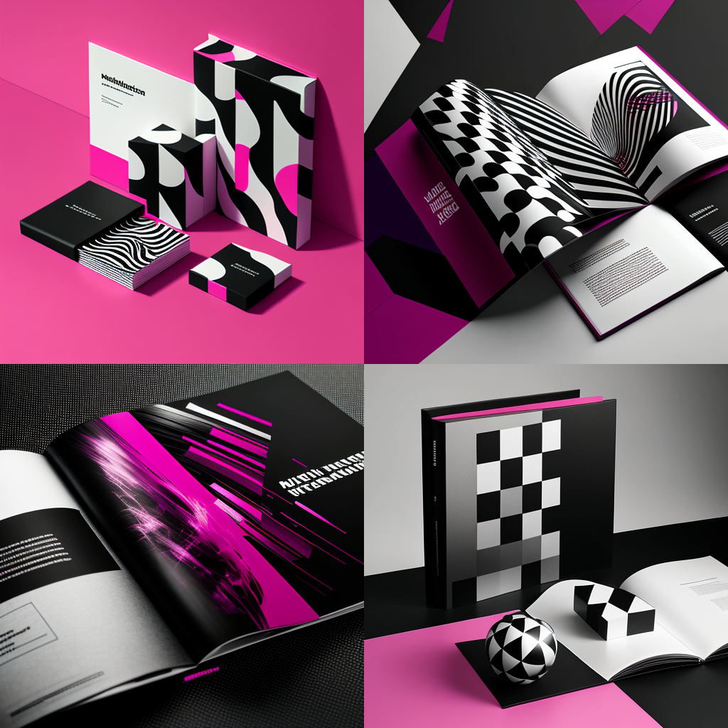 Bold pink and black brand identity applied to packaging, books and print