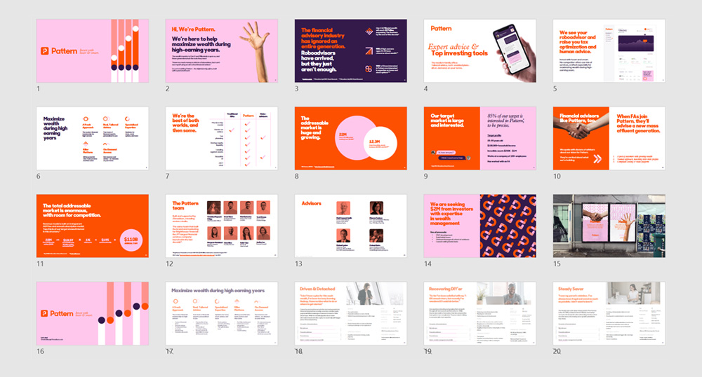 Grid of pitch deck slides in pink and orange