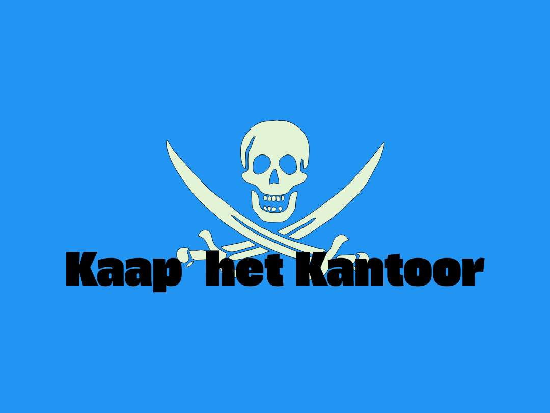 Banner met piratenvlag en de woorden 'Kaap het kantoor'