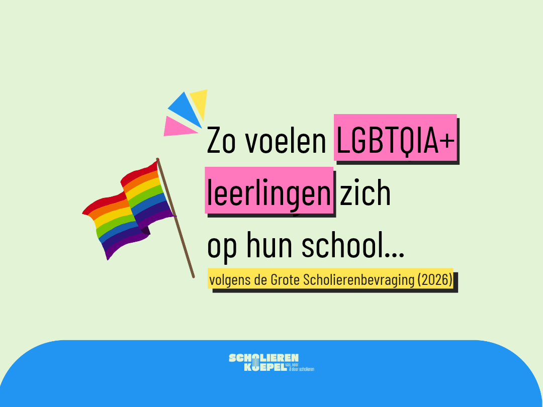 Regenboogvlag en de woorden: "Zo voelen LGBTQIA+ leerlingen zich op hun school... volgens de Grote Scholierenbevraging (2026)"