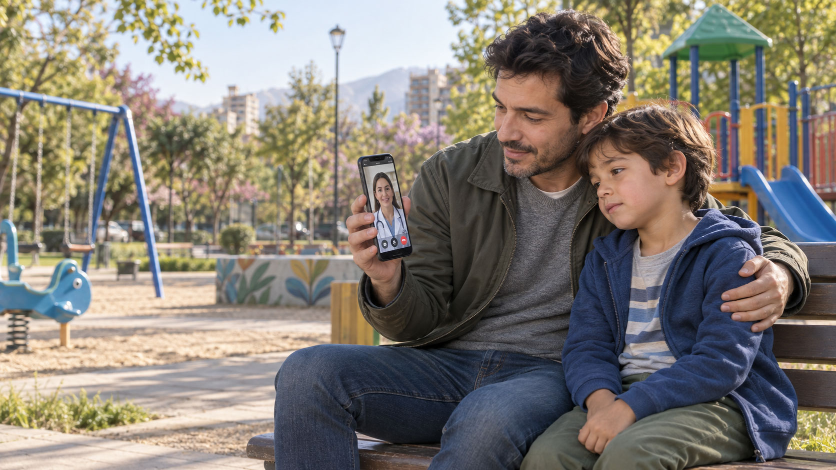 Médico atendiendo a un niño por videollamada