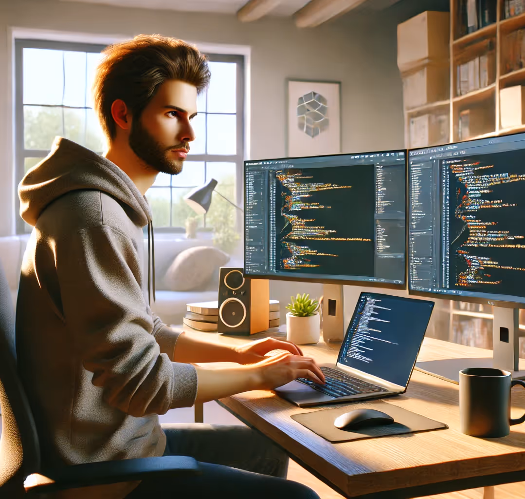 A home office scene featuring a web developer woman