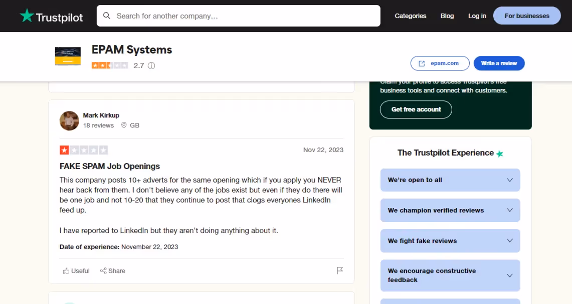 EPAM reviews from Trustpilot
