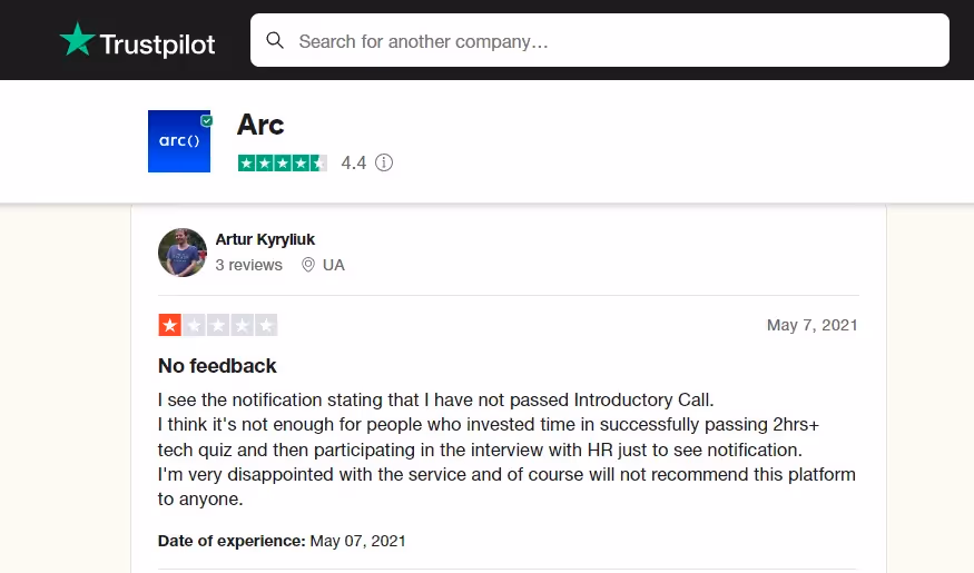 Review ArcDev - Trustpilot
