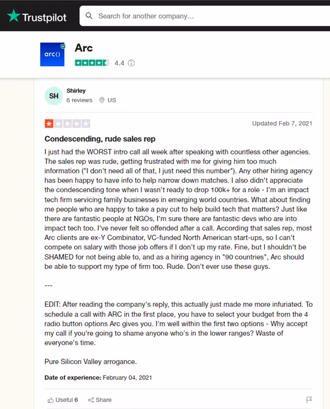 Arc.Dev review from Trust Pilot