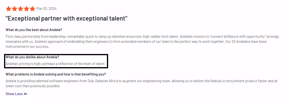 Andela pricing reviews