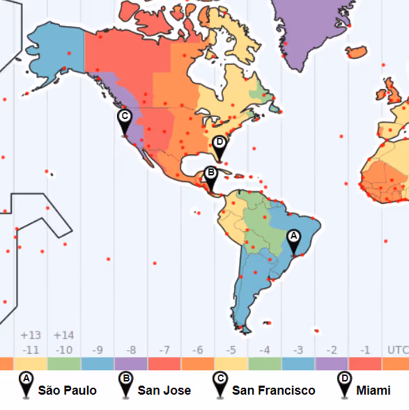 Time zone map Brazil vs Costa Rica
