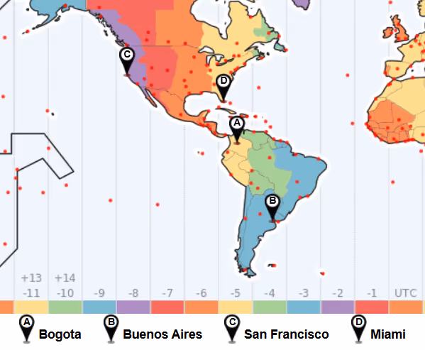 Map of time zones between Colombia, Argentina and the USA