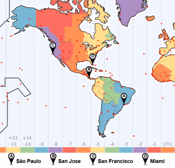 Time zone map comparing Brazil and Costa Rica with the U.S. for hiring data engineers