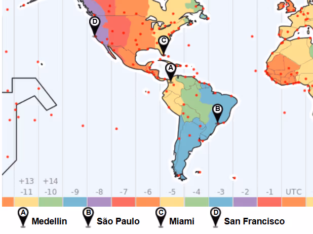 Medellin and Sao Paulo time zone alignment map with EU