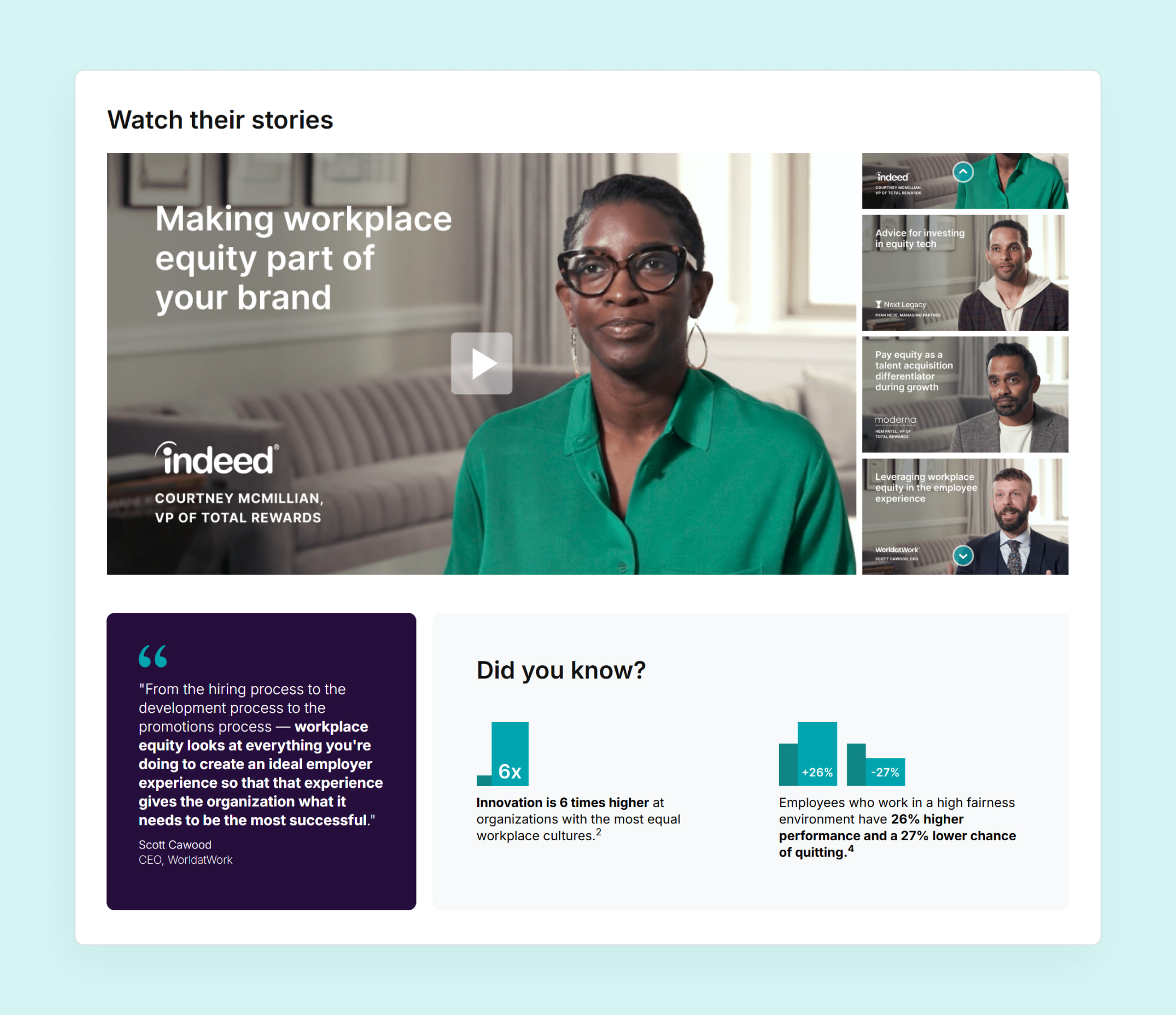 Section of a landing page design featuring videos of leaders across enterprise companies explaining their approaches to workplace equity