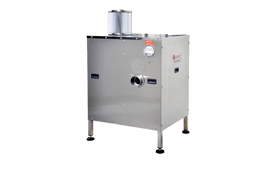 Industrial stainless steel centrifugal blower unit with top-mounted air filter and pressure gauge