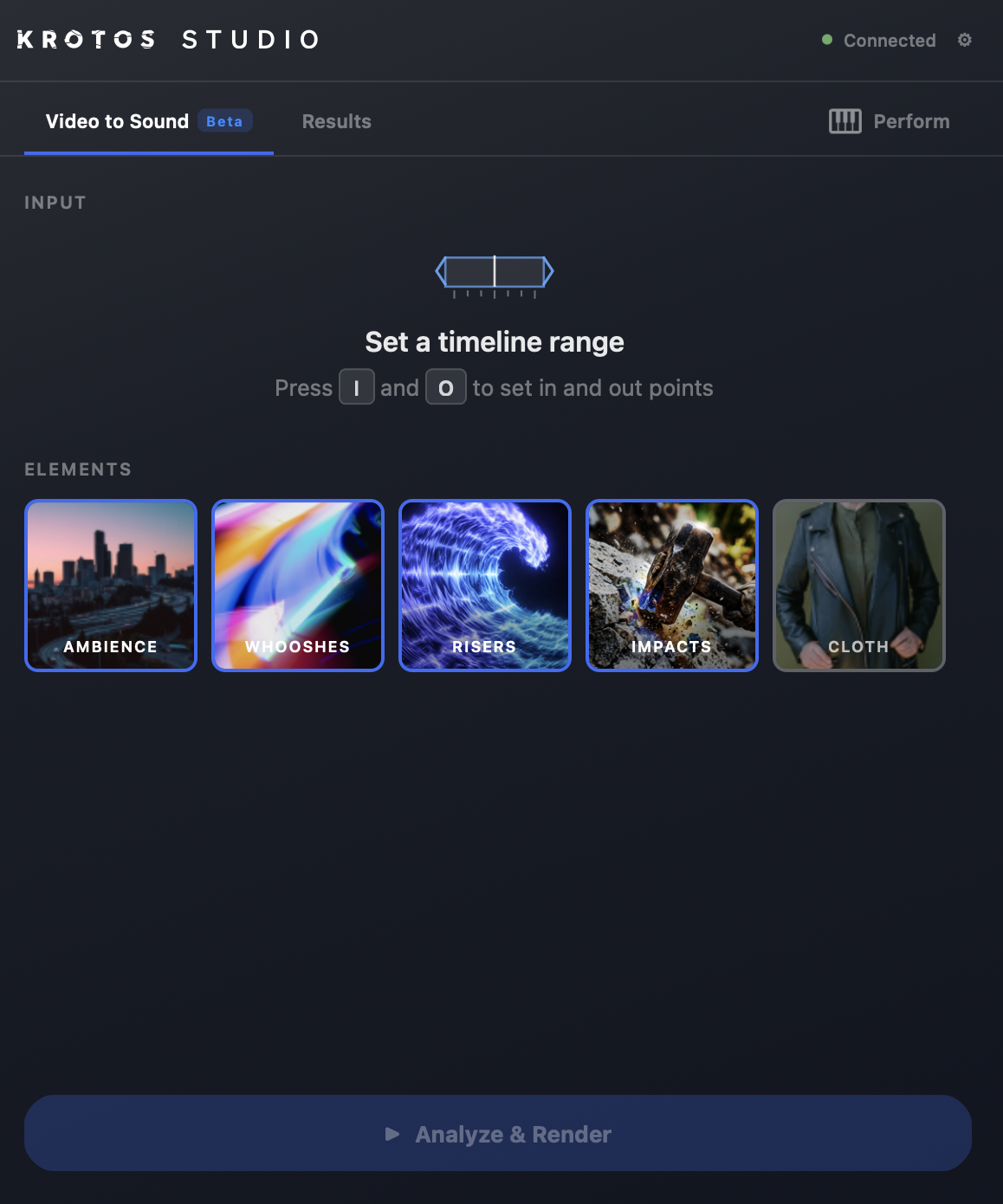 Krotos Studio Video to Sound plugin panel showing the Ambience, Whooshes, Risers, Impacts and Cloth elements and the Analyse and Render button