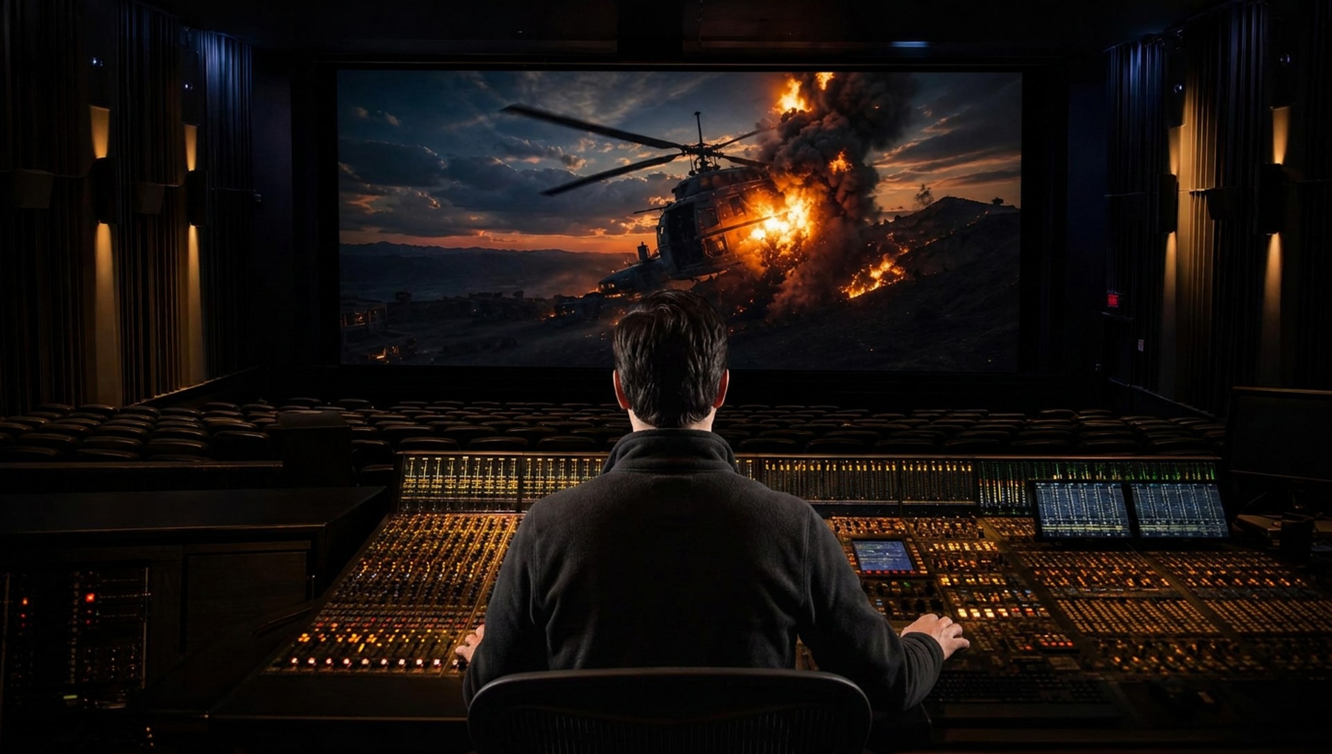 Cinema mix stage with a large mixing console