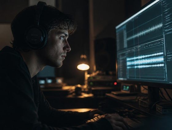 Sound designer editing waveforms in a dimly lit edit suite