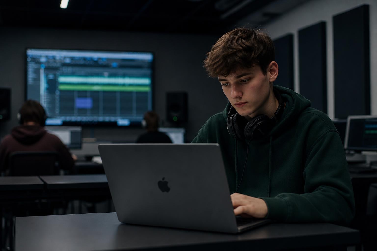 Student working on a sound design session in a university audio lab