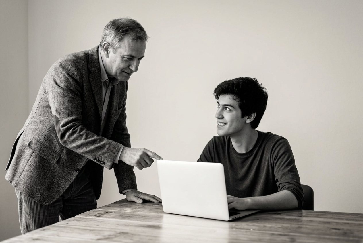 A lecturer helping a student working at a laptop