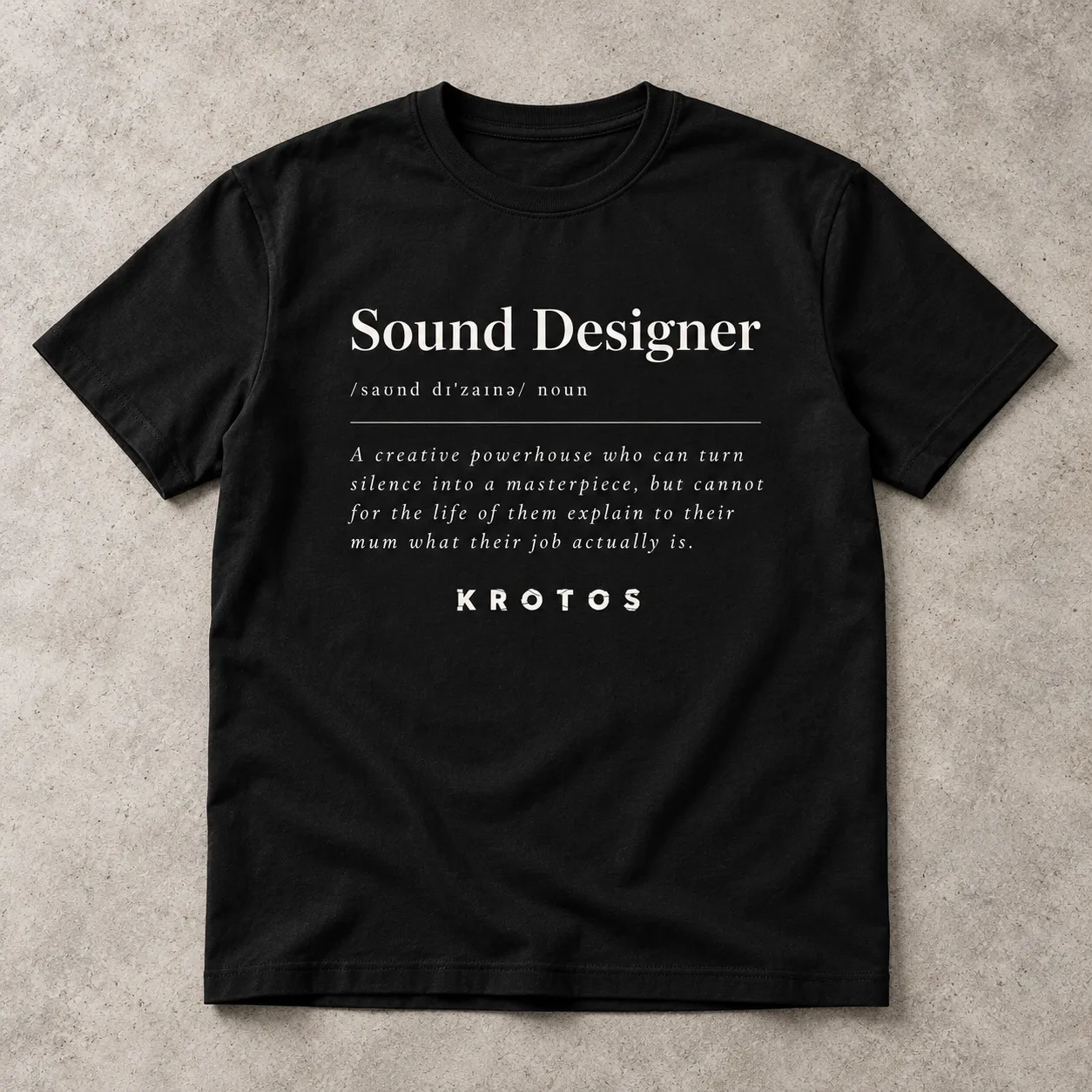 Black Sound Designer T-shirt with dictionary-style lettering and the Krotos logo