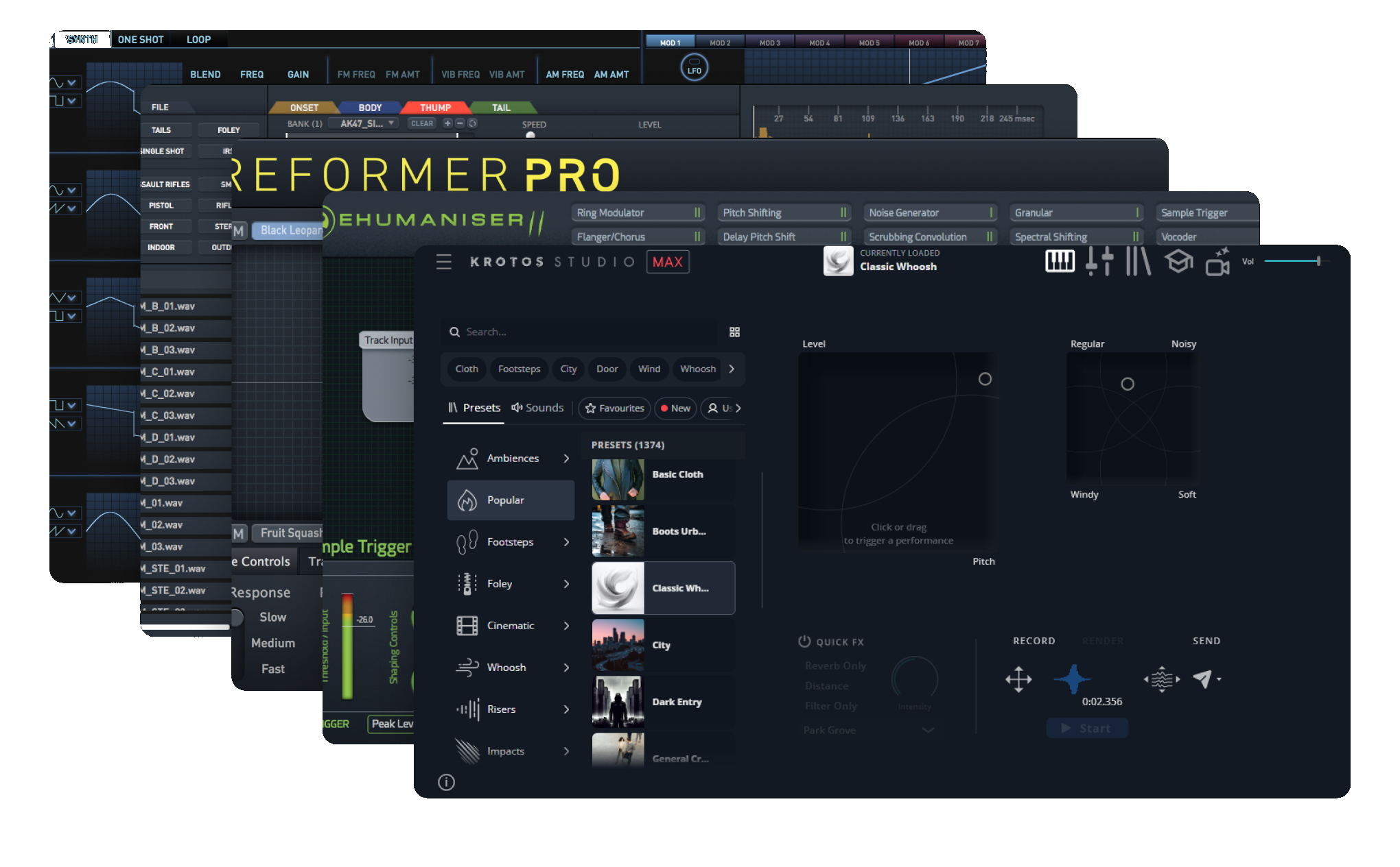 Krotos Studio Max interface in front of the Krotos plugin interfaces