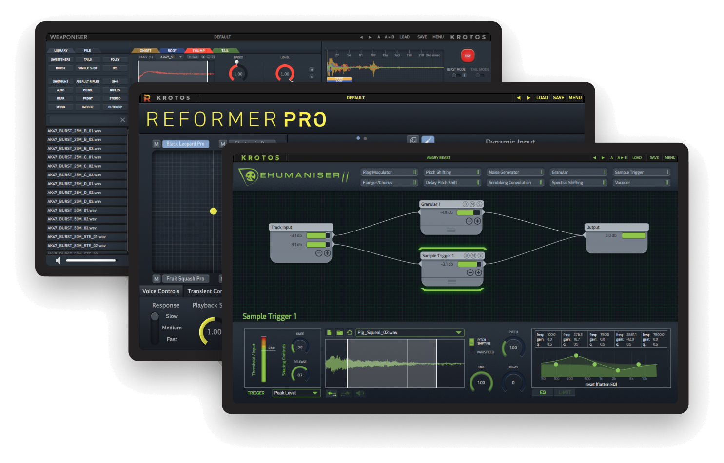 Weaponiser, Reformer Pro and Dehumaniser 2 interfaces stacked