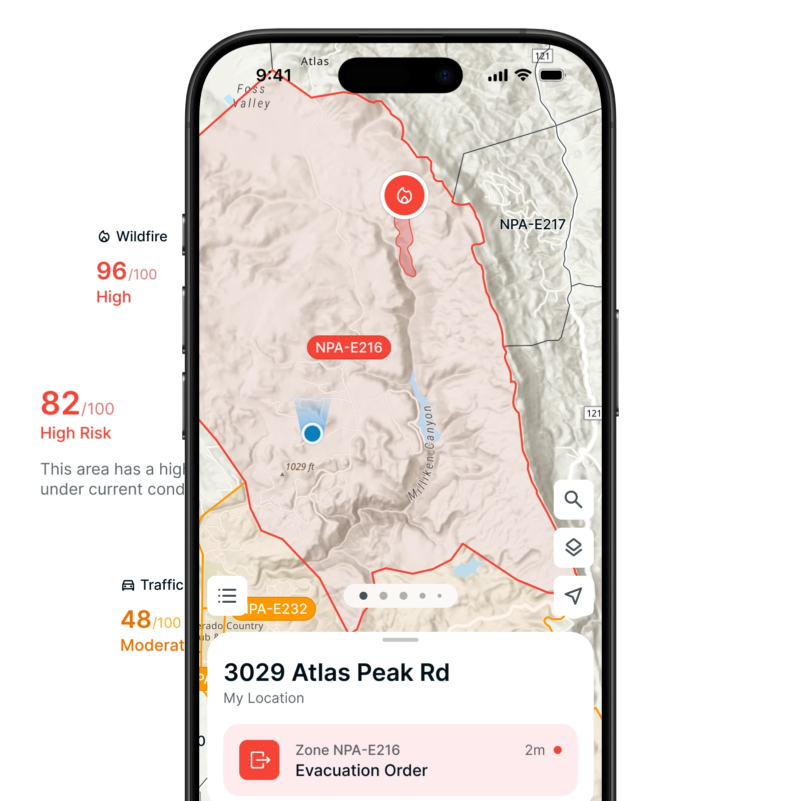 Mobile phone screen showing a wildfire evacuation order for zone NPA-E216 on a map centered at 3029 Atlas Peak Rd.