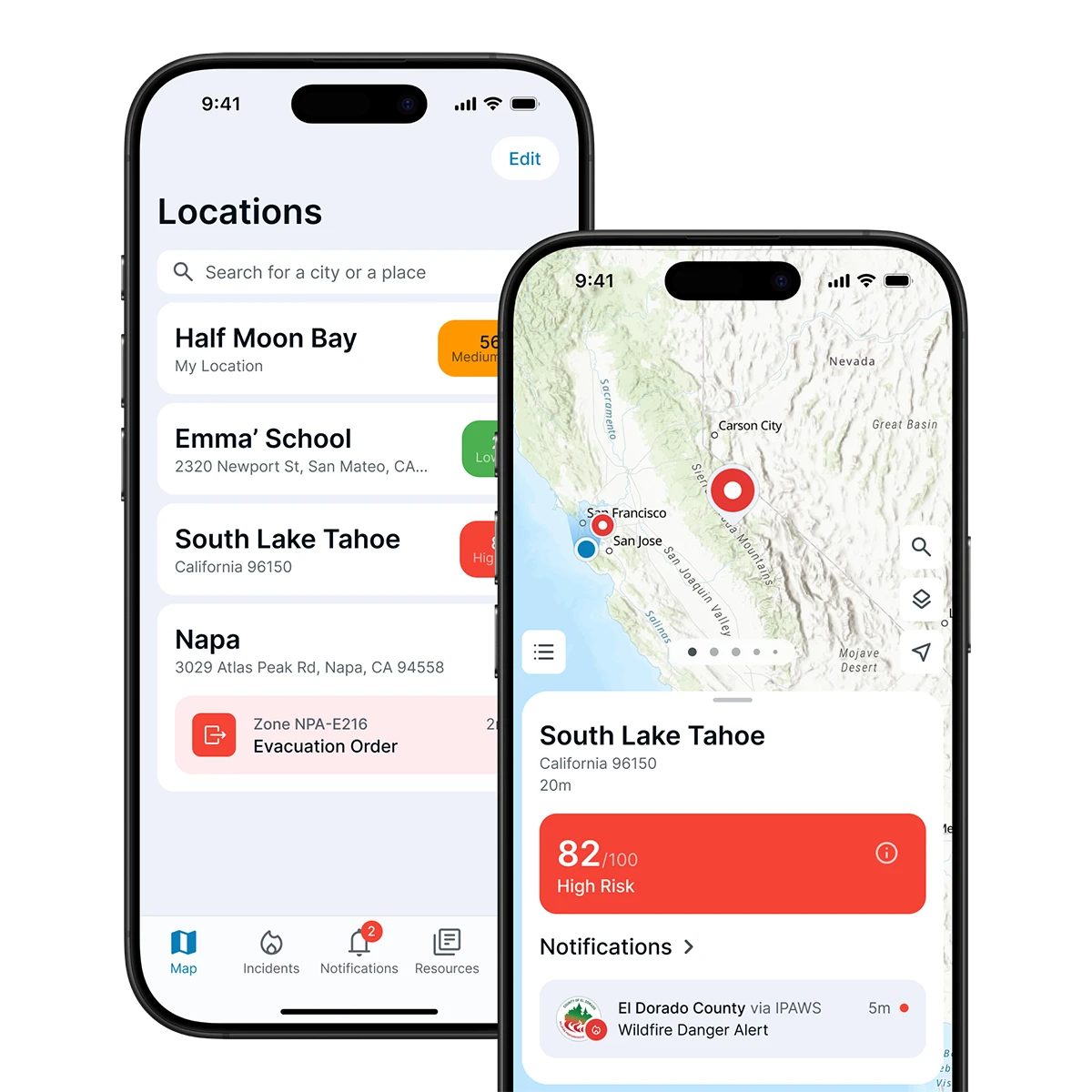 Mobile app screens showing wildfire risk levels for locations including Half Moon Bay, Emma' School, South Lake Tahoe, and Napa, with South Lake Tahoe marked high risk and an evacuation order for Napa.