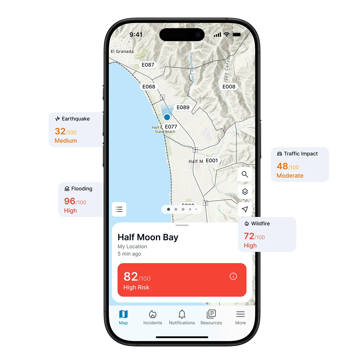 Mobile app showing a map of Half Moon Bay with personalized risk scores: 82 High Risk overall, 96 High Flooding, 72 High Wildfire, 48 Moderate Traffic Impact, and 32 Medium Earthquake.