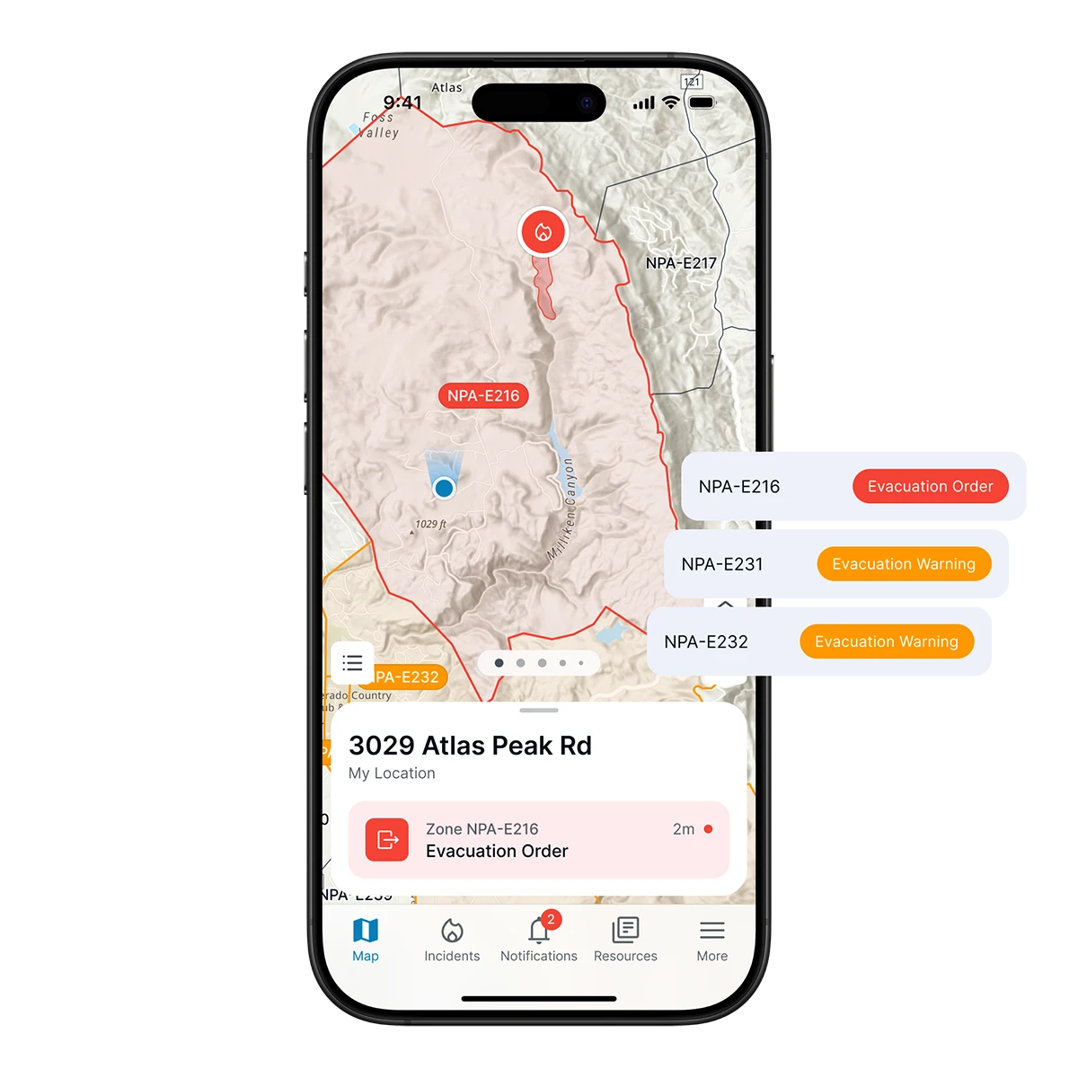 Smartphone displaying a fire evacuation map for Atlas Peak Rd with zone NPA-E216 under an evacuation order and zones NPA-E231 and NPA-E232 under evacuation warnings.