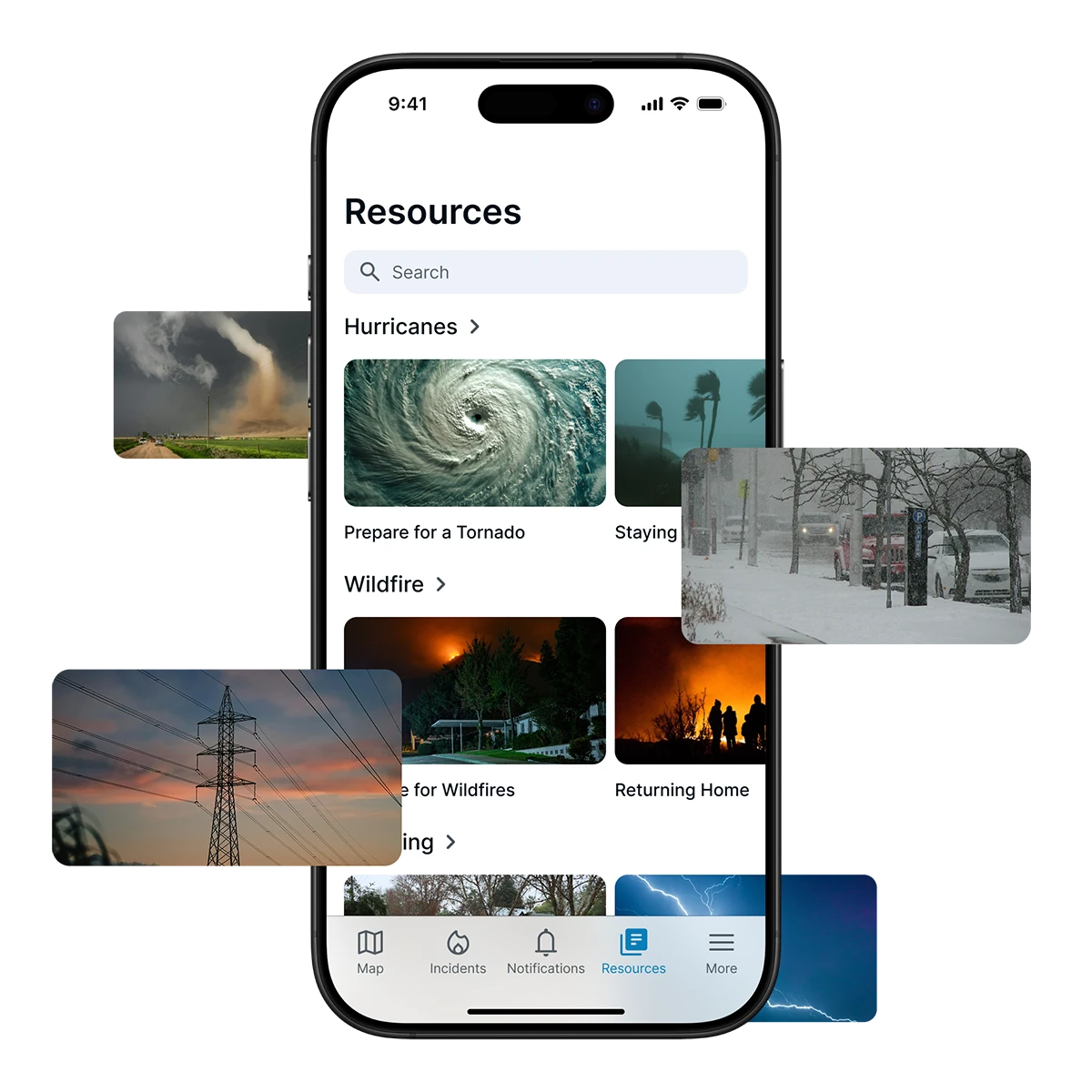Smartphone screen displaying a disaster preparedness app with resource categories for hurricanes, wildfires, and flooding, showing related images and topics.