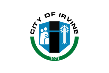Logo of the City of Irvine featuring two blue gate-like shapes with a keyhole and spark design, encircled by a green arc.
