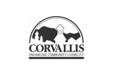 Corvallis logo with tree, mountain, and clock tower silhouette above the text 'CORVALLIS ENHANCING COMMUNITY LIVABILITY.'