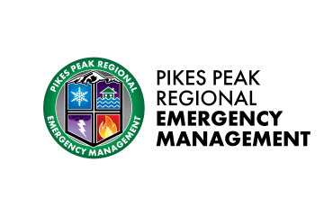 Pikes Peak Regional Emergency Management logo with icons of a snowflake, house with waves, flame, and shield inside a green circle.