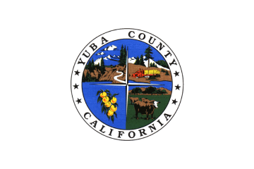 Seal of Yuba County, California, divided into four sections showing mountains, a train, a branch with fruit, and livestock.