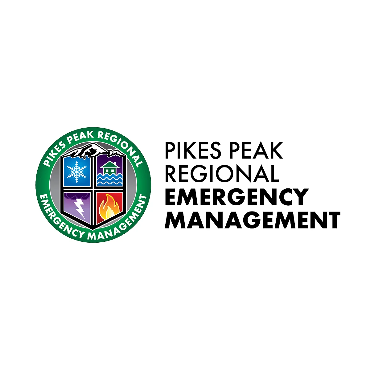 Pikes Peak Regional Emergency Management logo featuring a shield with icons of a snowflake, house on water, lightning, and fire inside a green circular border.