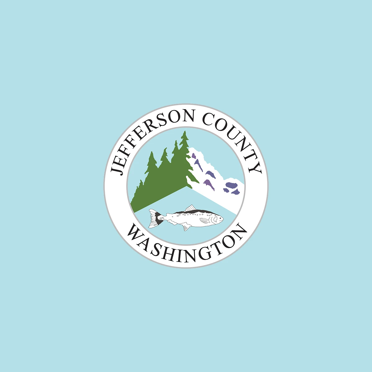 Seal of Jefferson County, Washington with green pine trees, snow-capped mountains, and a fish inside a white circular border on a light blue background.