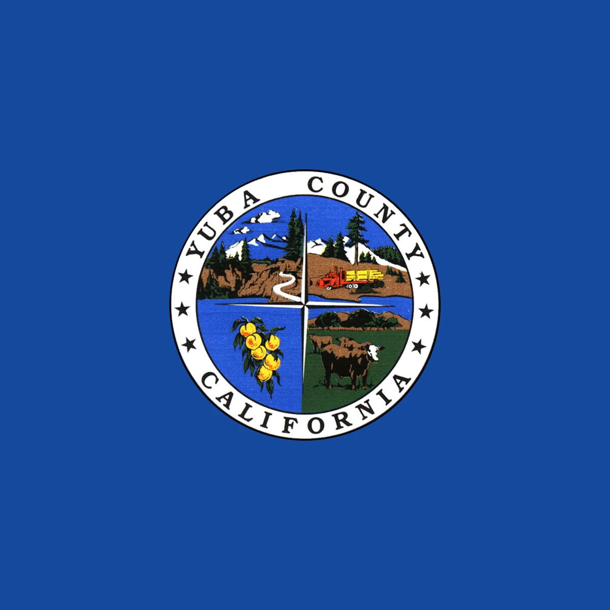 Seal of Yuba County, California, featuring mountains, a logging truck, peaches, and a cow divided into four quadrants.