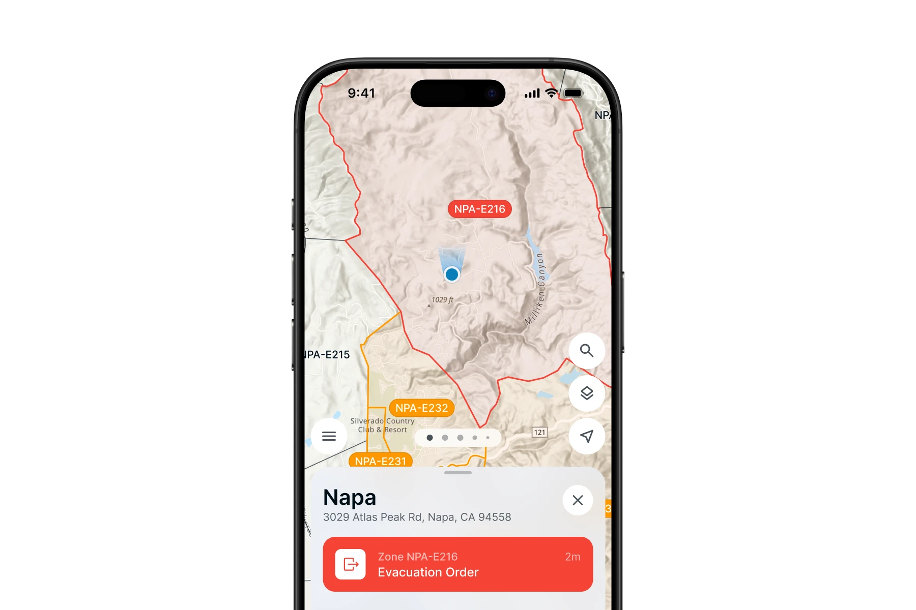 Smartphone screen showing a map of Napa with marked evacuation zones and an active evacuation order for zone NPA-E216.