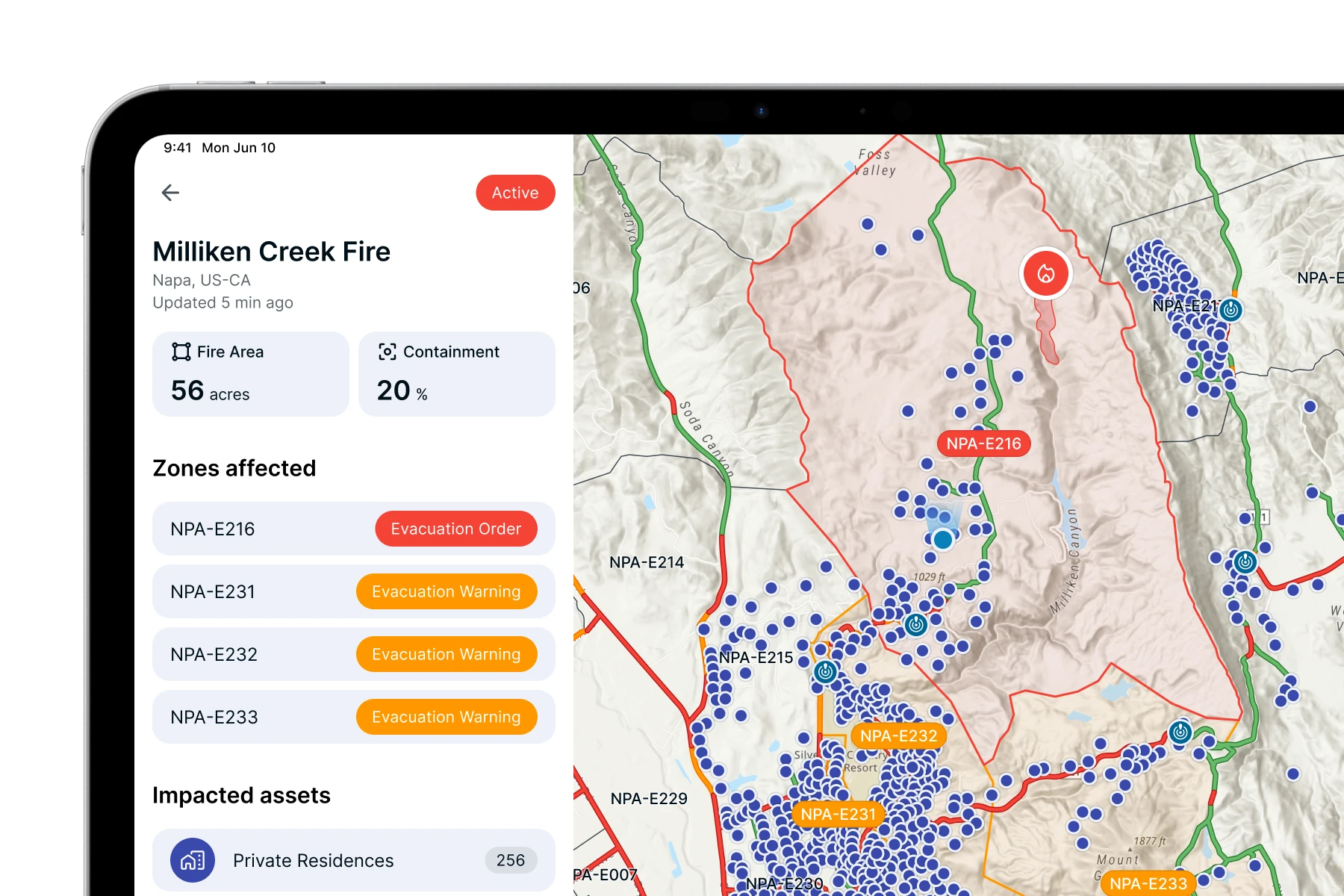 Map showing Milliken Creek Fire near Napa, California with fire area of 56 acres and 20% containment, evacuation orders for zone NPA-E216, and evacuation warnings for zones NPA-E231, NPA-E232, and NPA-E233.
