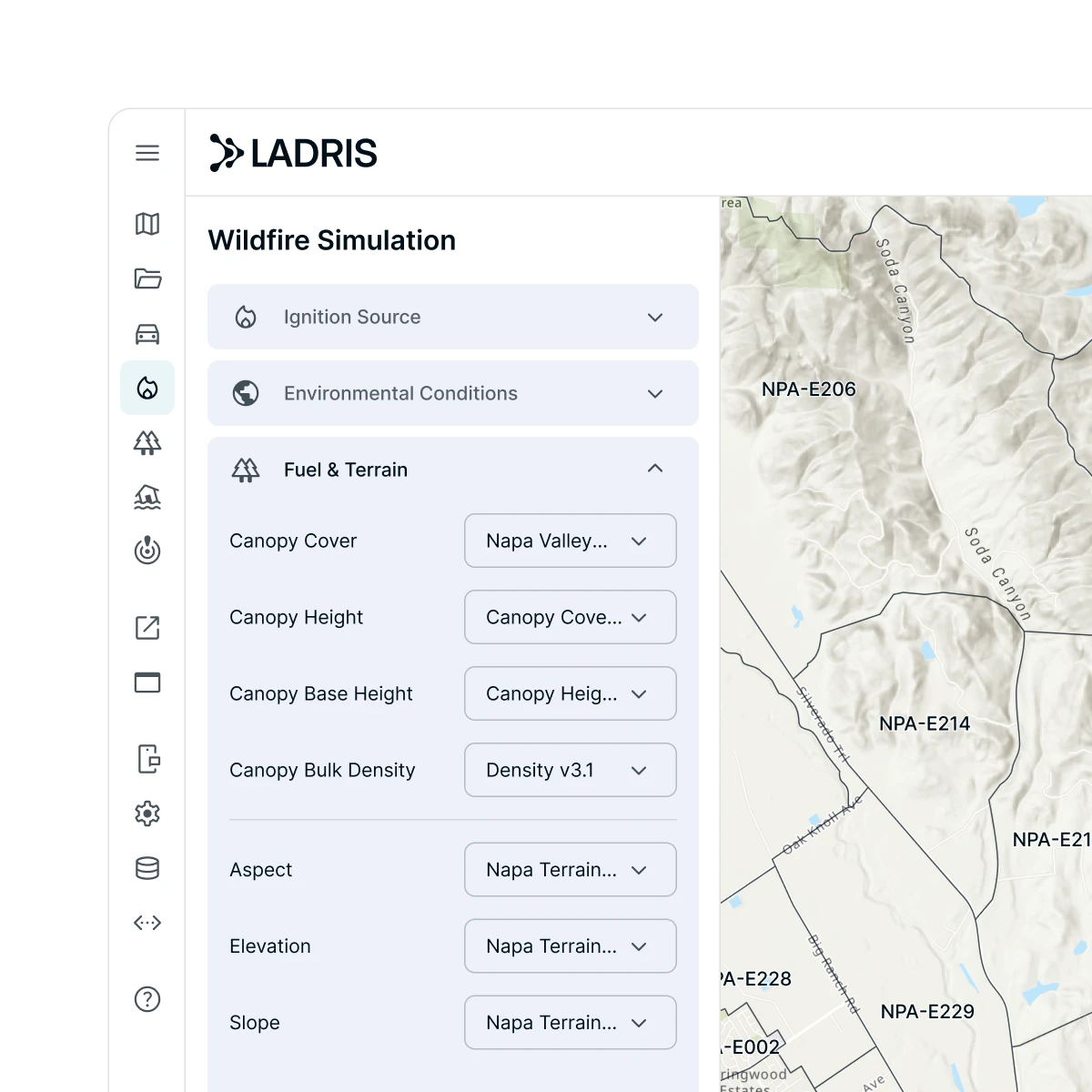 LADRIS wildfire simulation interface showing settings for ignition source, environmental conditions, and fuel & terrain with dropdown menus for canopy cover, height, density, aspect, elevation, and slope next to a terrain map.