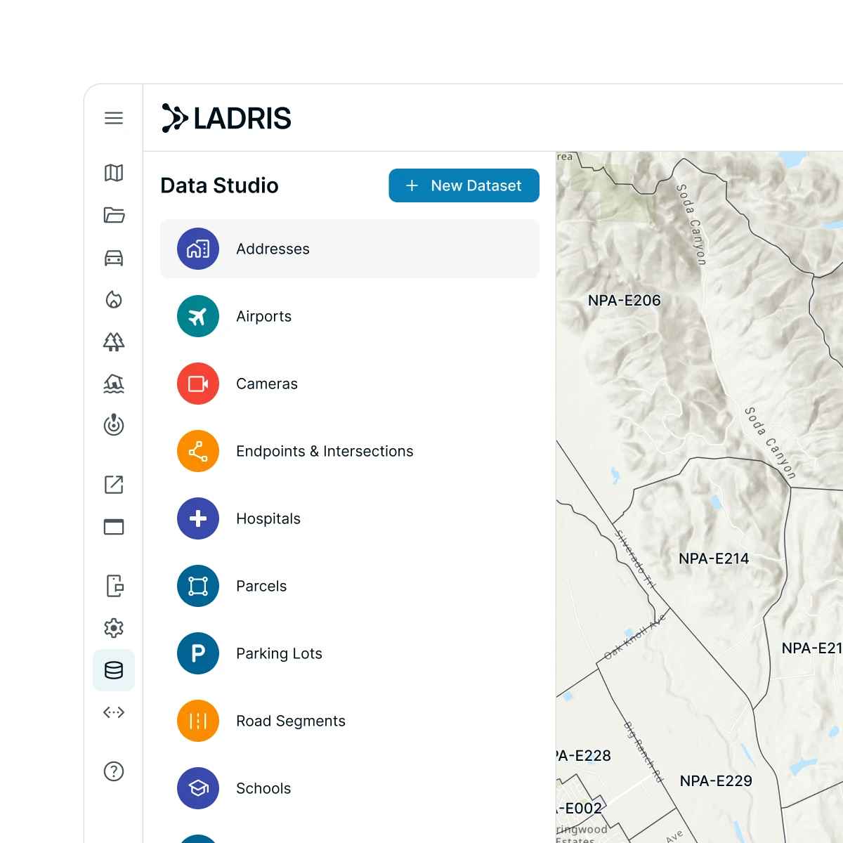 Screenshot of LADRIS Data Studio showing dataset options including Addresses, Airports, Cameras, Endpoints & Intersections, Hospitals, Parcels, Parking Lots, Road Segments, and Schools, with a partial map on the right.