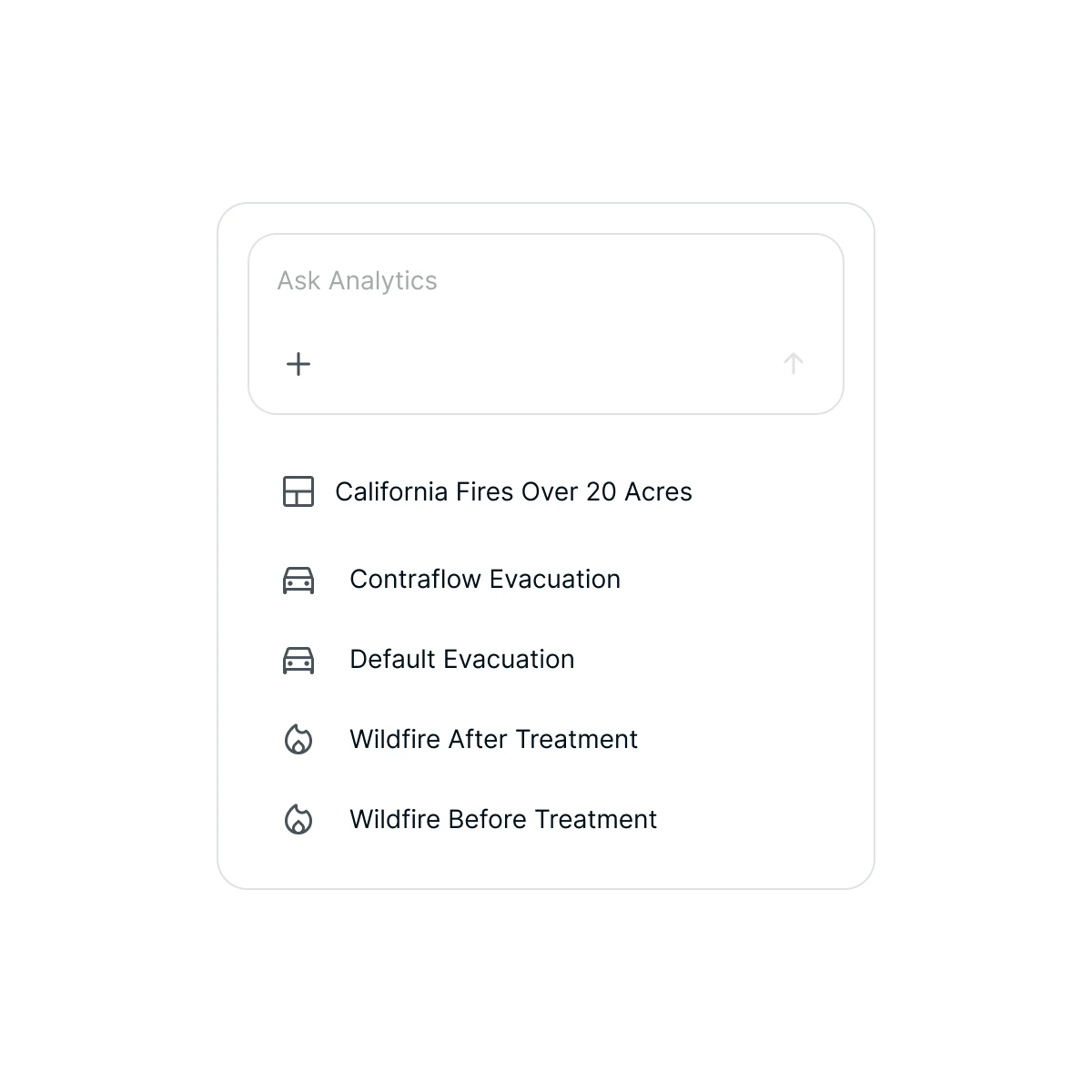 Analytics search interface with options: California Fires Over 20 Acres, Contraflow Evacuation, Default Evacuation, Wildfire After Treatment, Wildfire Before Treatment.