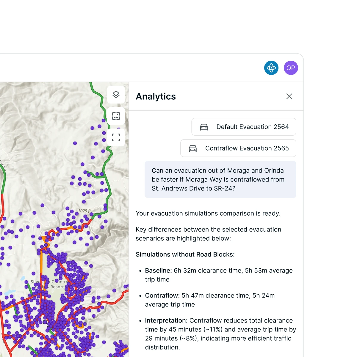 Map with purple dots and evacuation routes is shown alongside an analytics panel comparing Default and Contraflow evacuation simulations for Moraga and Orinda.