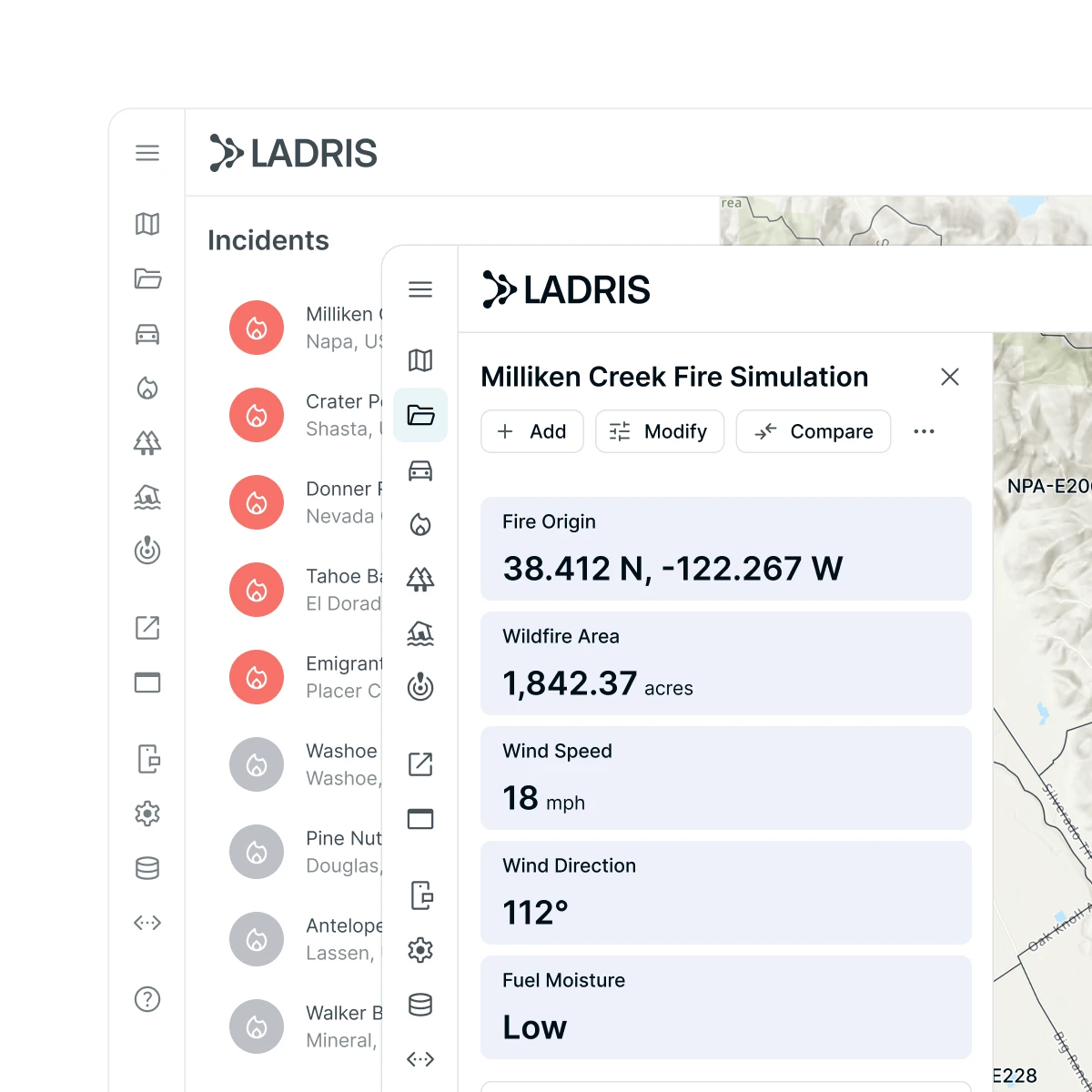 LADRIS interface showing Milliken Creek Fire Simulation details including fire origin coordinates 38.412N, -122.267W, wildfire area 1,842.37 acres, wind speed 18 mph, wind direction 112°, and low fuel moisture.