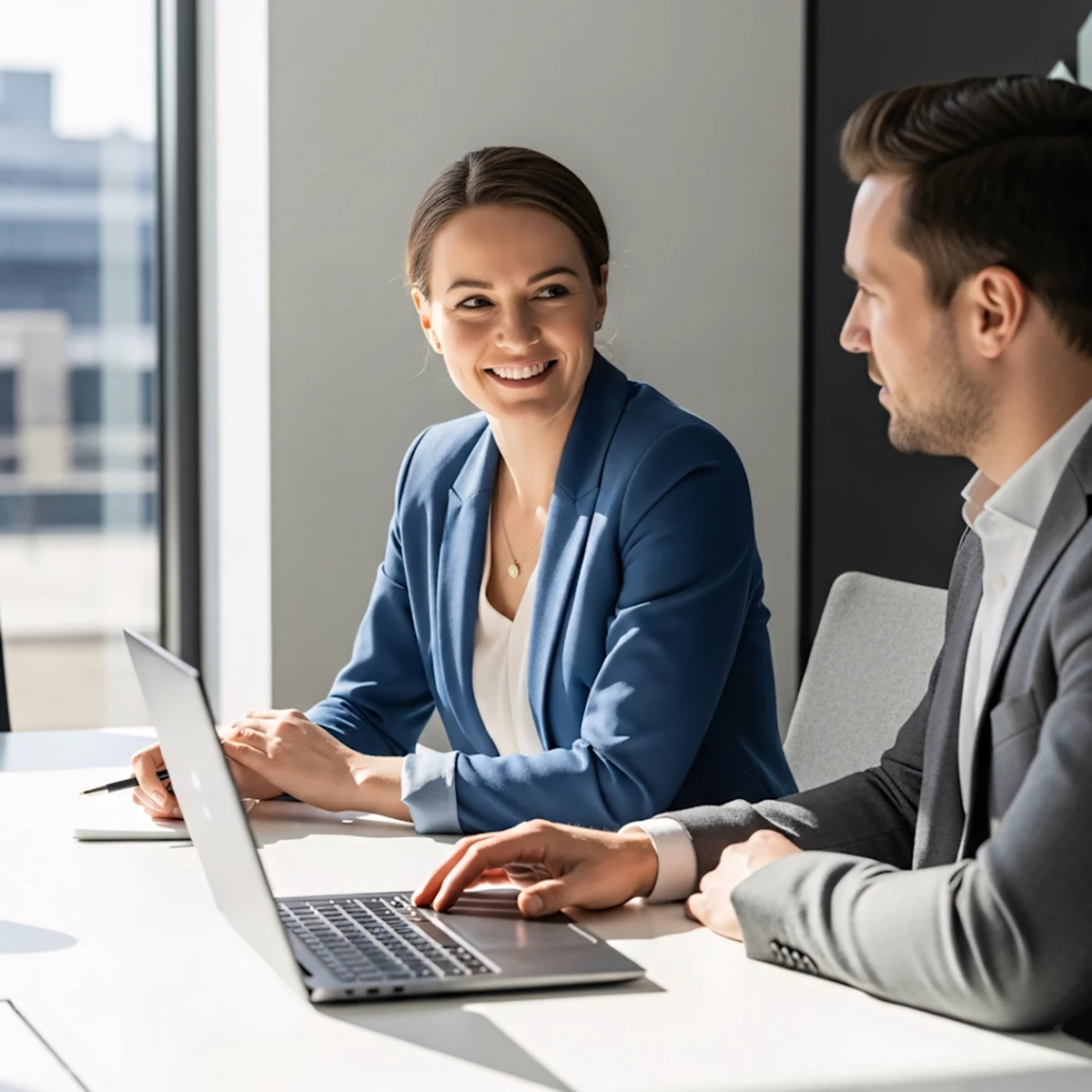 Smiling businesswoman in blue blazer conversing with male colleague working on a laptop at a bright office table.