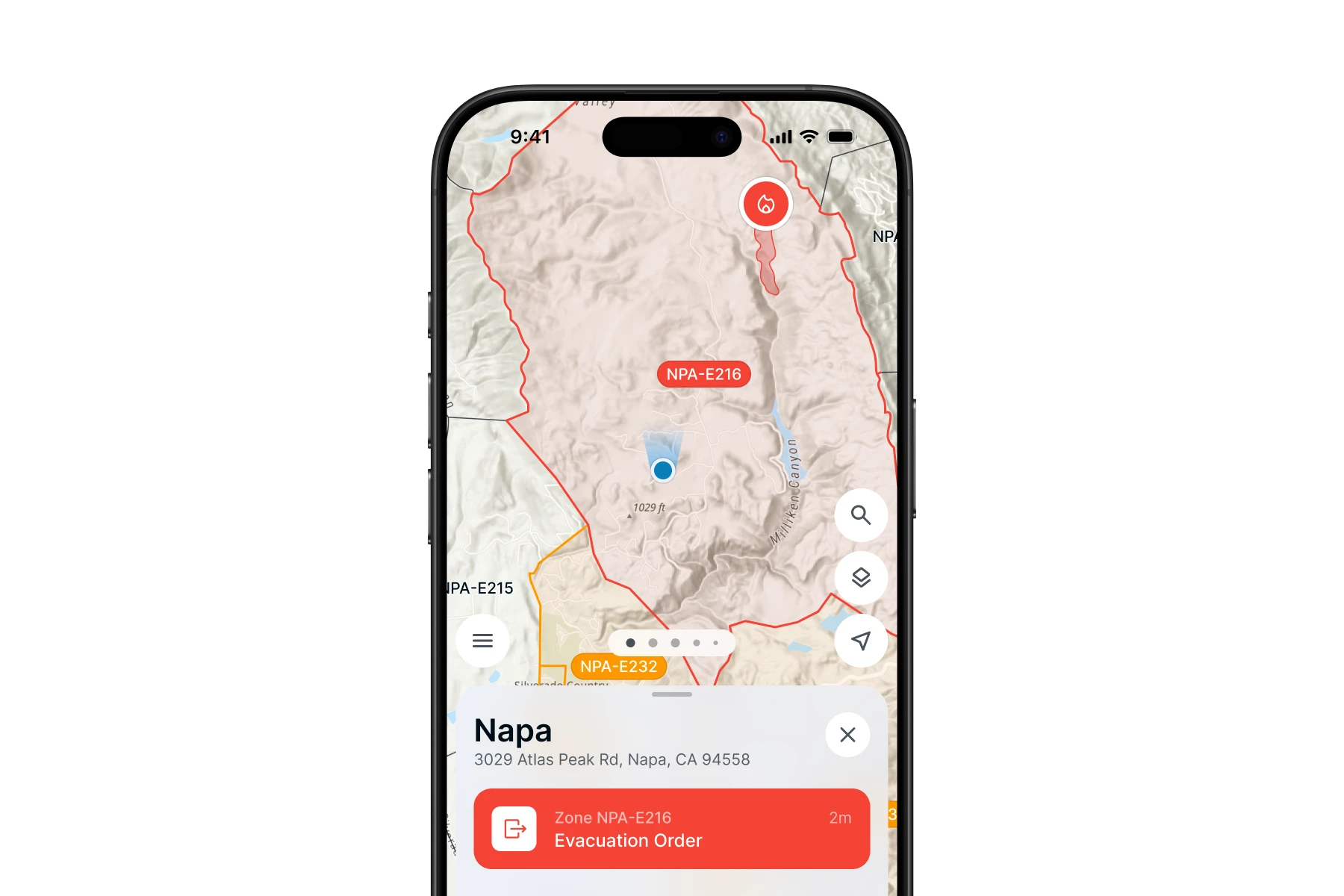 Mobile phone screen showing a wildfire evacuation alert for zone NPA-E216 near Napa, California with a red highlighted area on the map and an evacuation order notification.