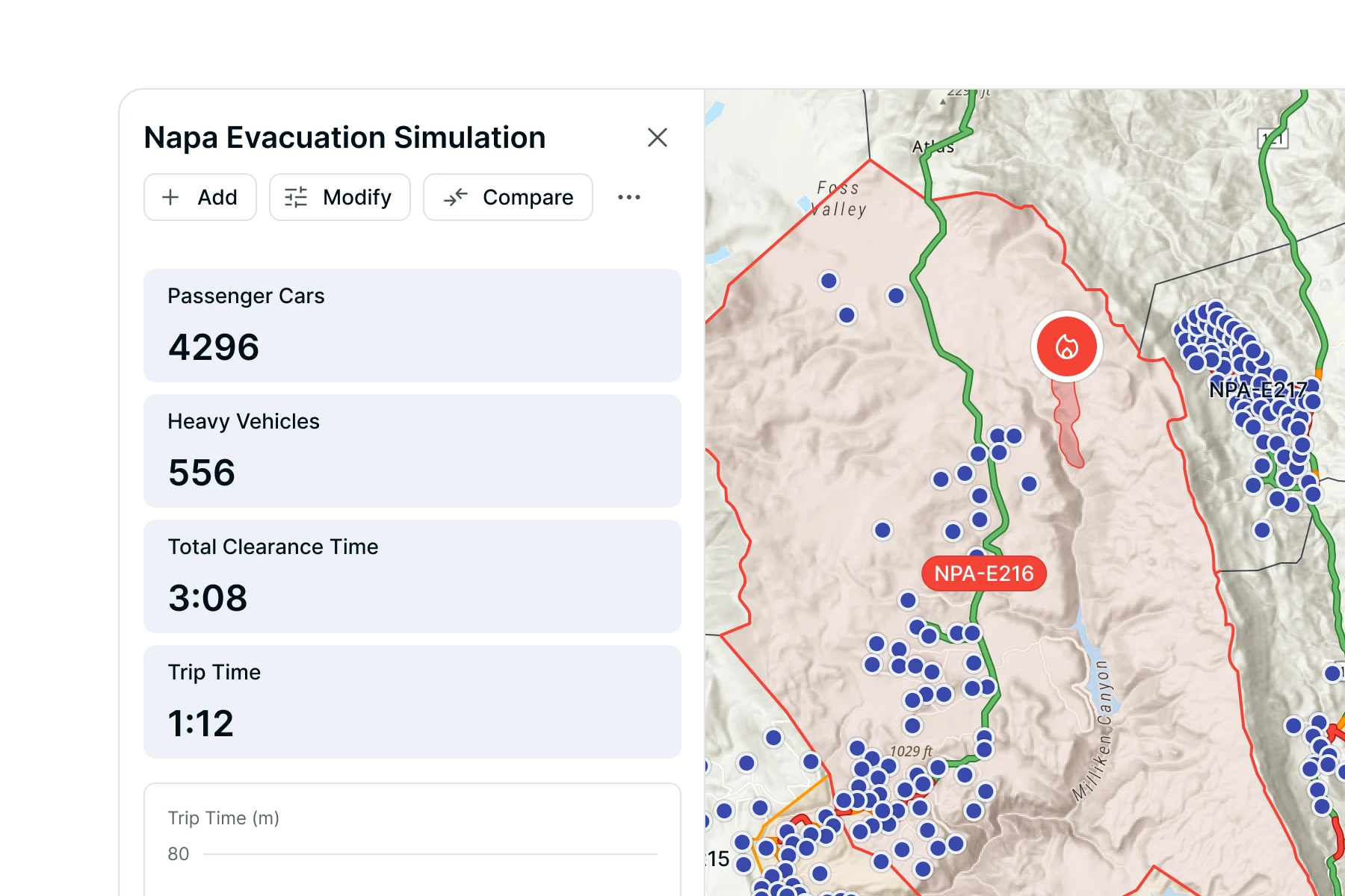 Napa evacuation simulation interface showing numbers of passenger cars, heavy vehicles, total clearance time of 3 minutes 8 seconds, trip time of 1 minute 12 seconds, and a map with marked evacuation zones and vehicle locations.