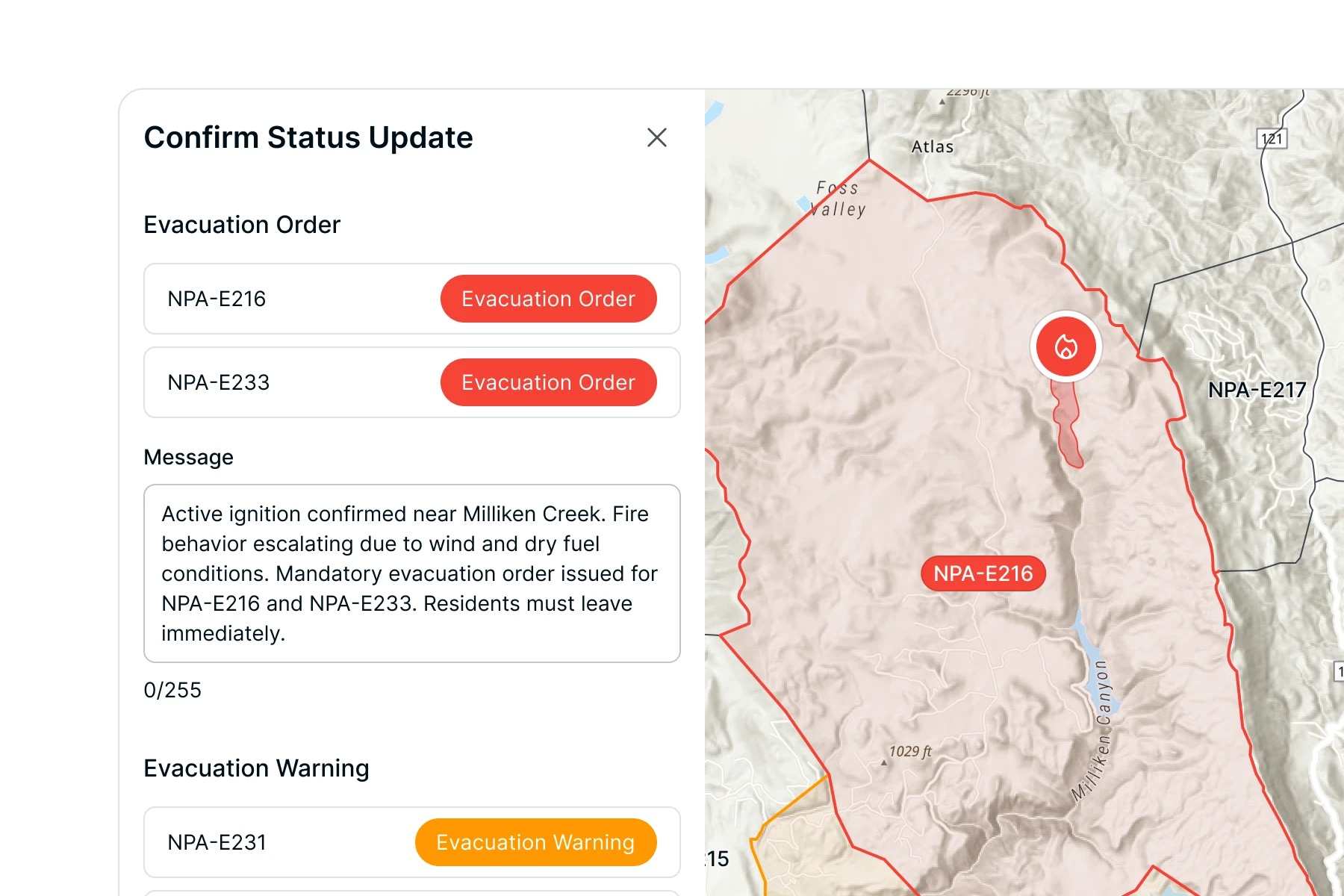 Map showing evacuation orders for areas NPA-E216 and NPA-E233 with an active fire near Milliken Creek and an evacuation warning for area NPA-E231.