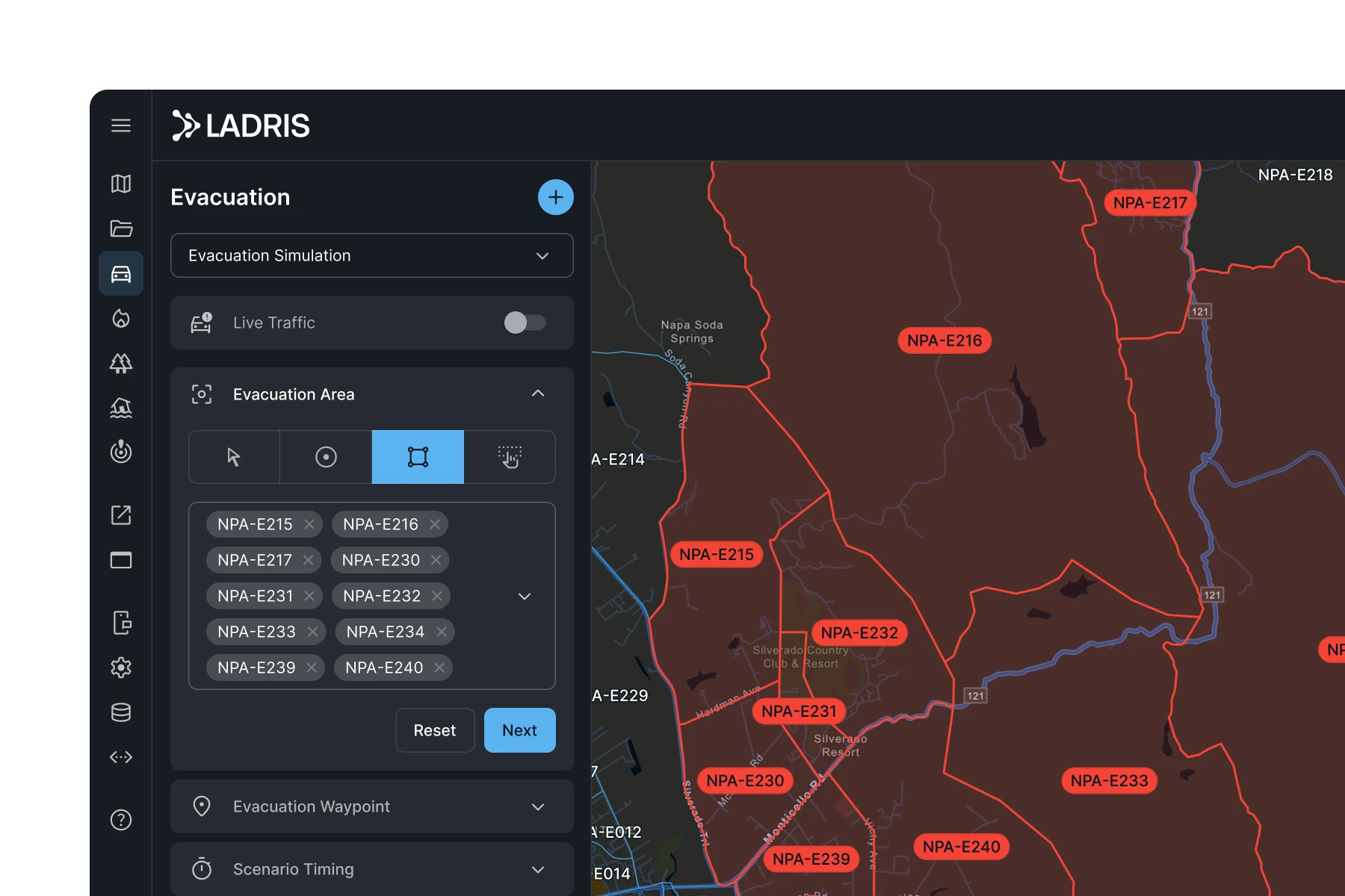 Ladris evacuation simulation interface showing a map with multiple evacuation zones labeled NPA-E215 through NPA-E240 in red, and a control panel for selecting evacuation areas and toggling live traffic.